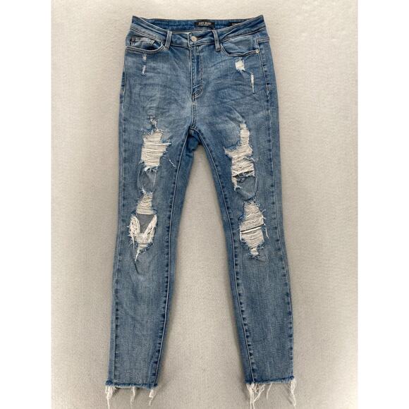 Judy Blue Jeans Women's 9/29 Skinny Fit‎ Blue Stretch Denim Distressed Raw Hem - Picture 1 of 13